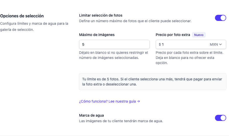 Toggle de limitar selección con campos de máximo y precio